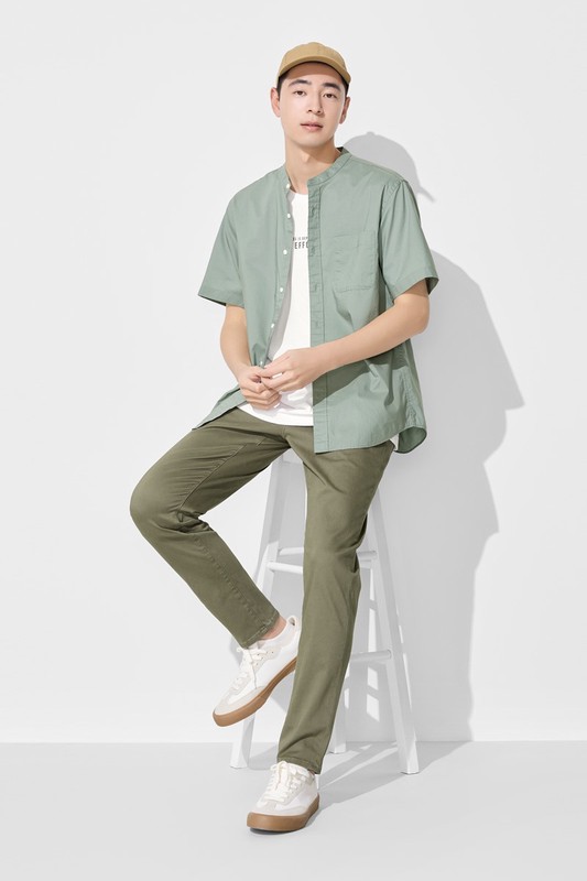 柔棉立領短袖襯衫-男