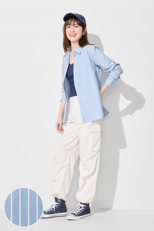 柔棉條紋長袖襯衫-女