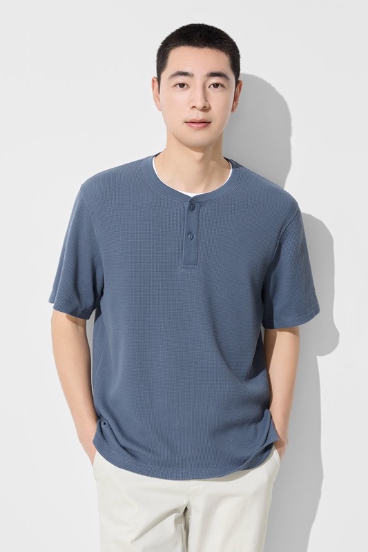 華夫格亨利領寬版T恤-男