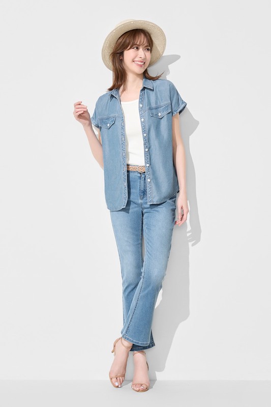 輕薄牛仔短袖襯衫-女