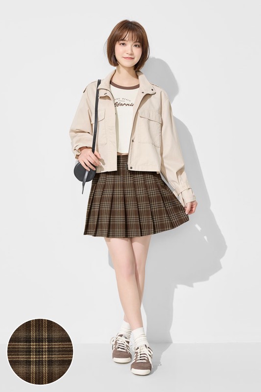 格紋百褶連褲短裙-女