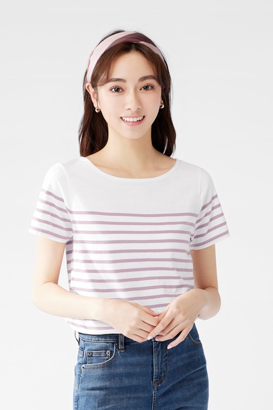 純棉船領條紋短袖T恤-女