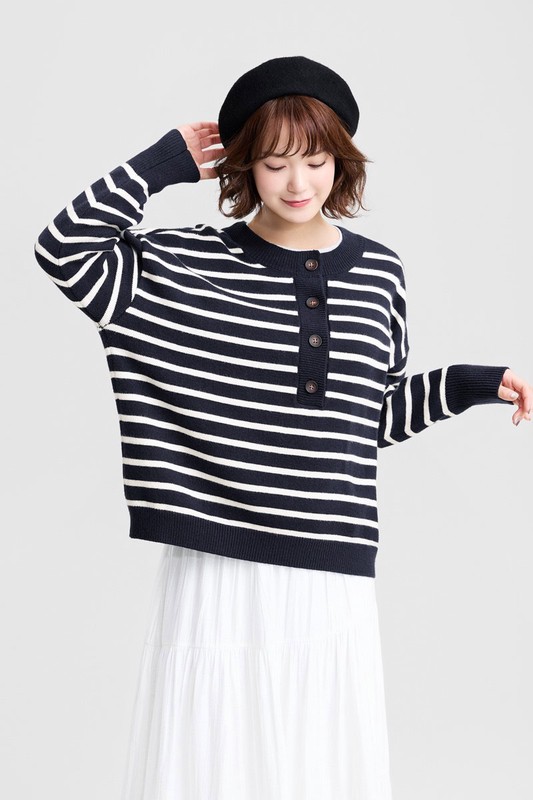 寬版條紋半開襟毛衣-女