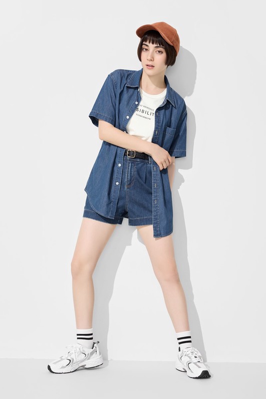 輕型牛仔短袖襯衫-男