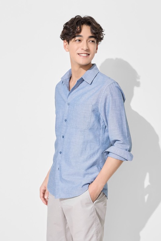 棉麻長袖襯衫-男