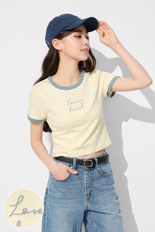 純棉羅紋配色文字電繡T恤-女