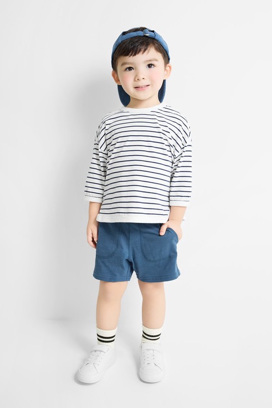 純棉條紋寬版七分袖T恤-童