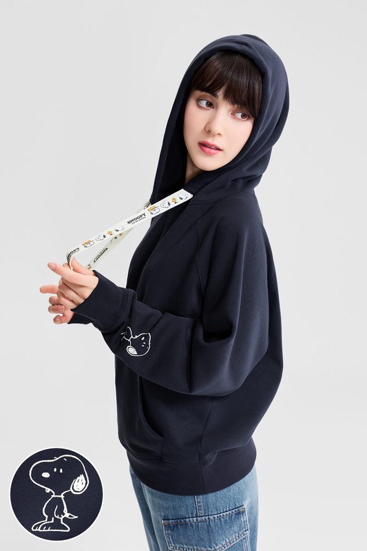 史努比系列刷毛印花織帶連帽衫-01-女