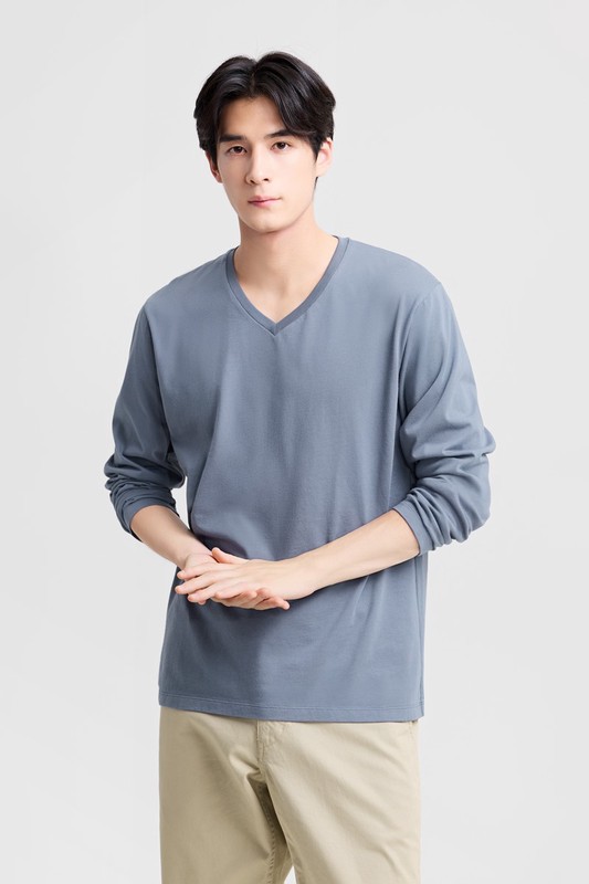 純棉V領長袖T恤-男