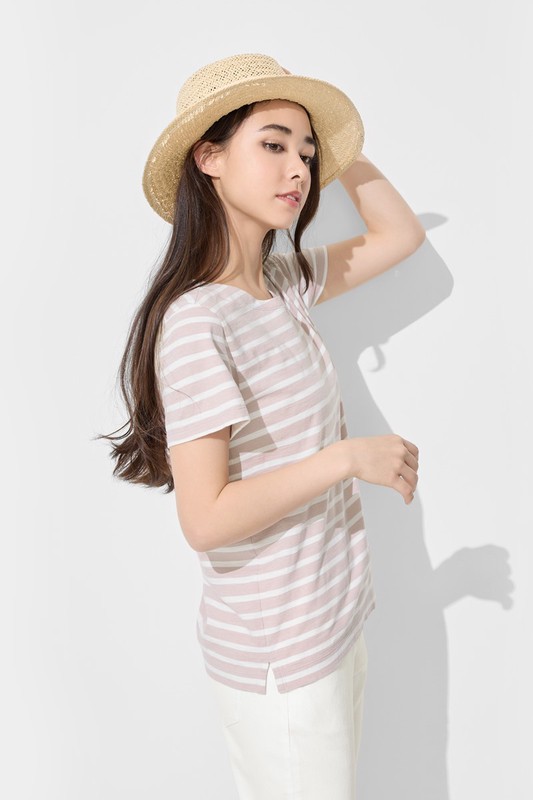 竹節棉條紋短袖T恤-女