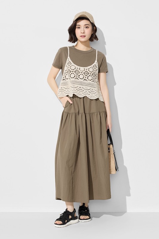 棉質拼接收腰長洋裝-女