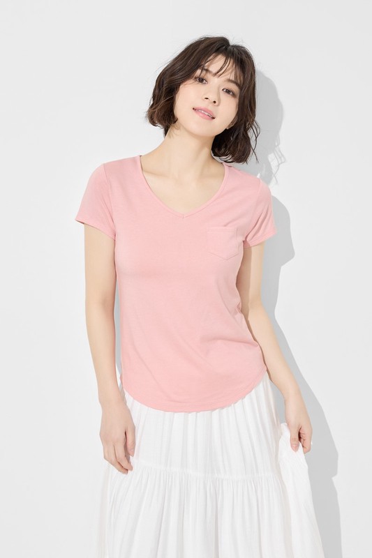 莫代爾口袋V領T恤-女