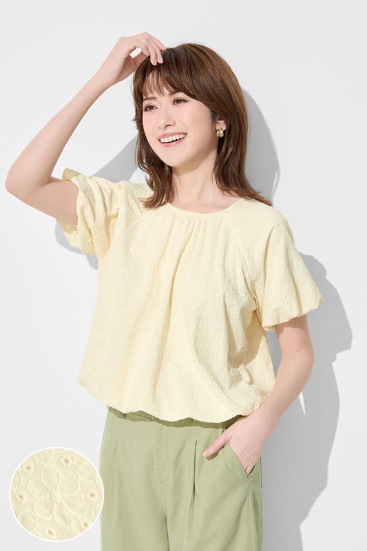 棉質花瓣蕾絲澎袖上衣-女