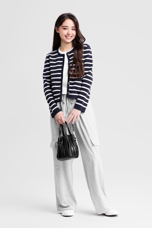 條紋寬版圓領針織外套-女