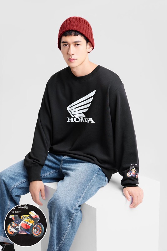 大人的圖鑑HONDA毛圈印花圓領衫-01-男