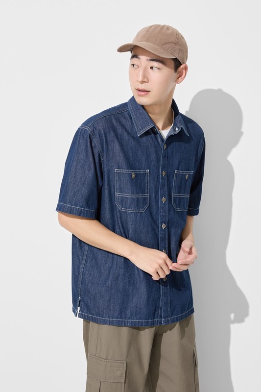 牛仔寬版短袖襯衫-男
