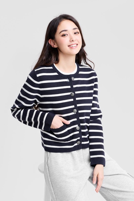 條紋寬版圓領針織外套-女