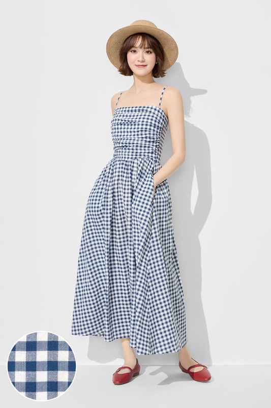 平口可拆式細肩帶格紋洋裝-女