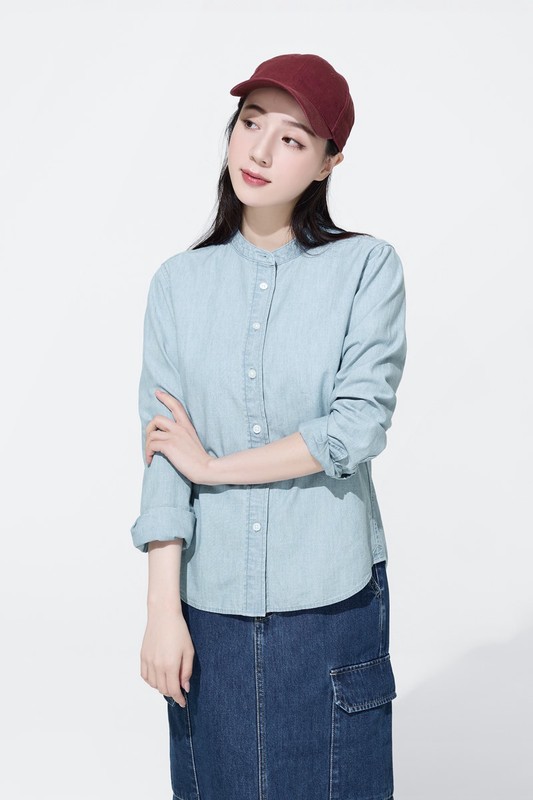 牛仔立領長袖襯衫-女
