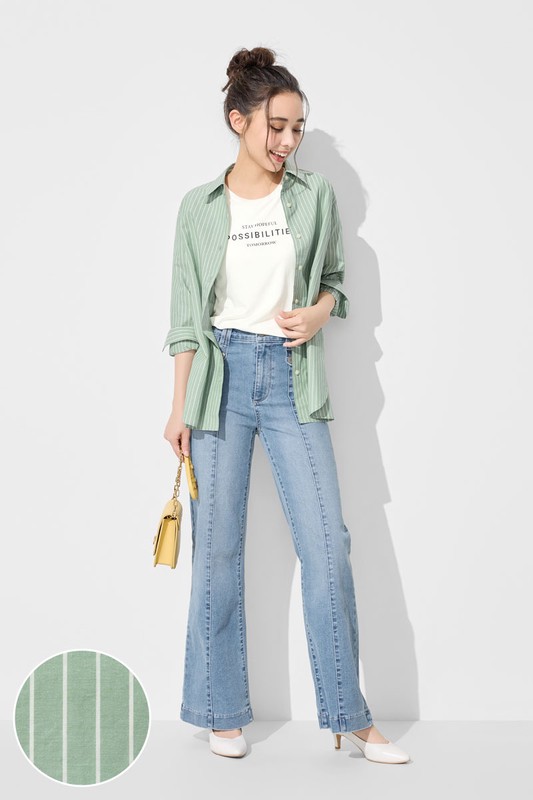 柔棉條紋長袖襯衫-女