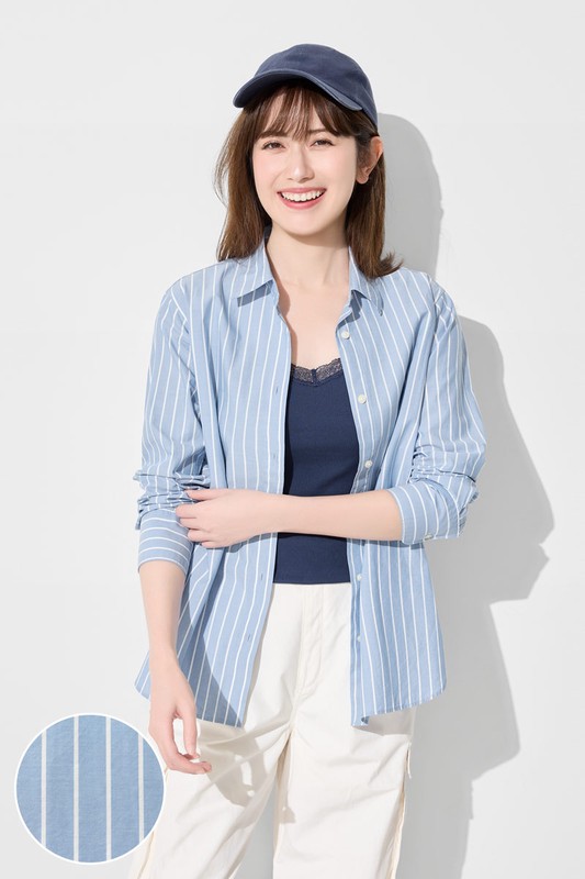 柔棉條紋長袖襯衫-女