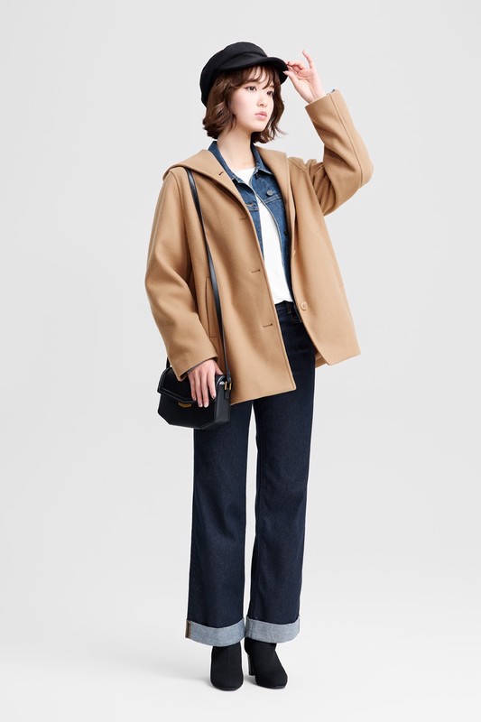 仿毛呢排釦連帽大衣-女