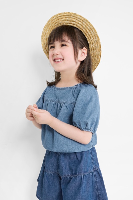 牛仔泡泡袖上衣-童