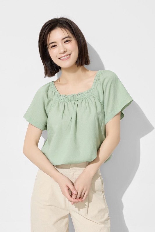 亞麻混紡方領寬版上衣-女