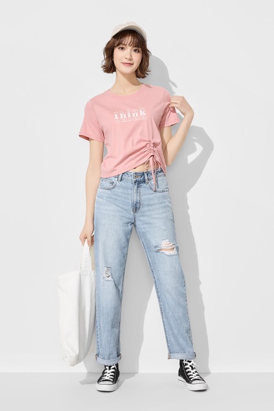 柔滑棉文字印花抽繩上衣-女