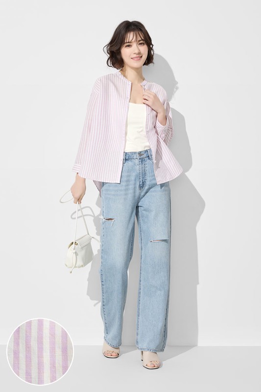 棉麻條紋七分袖襯衫-女