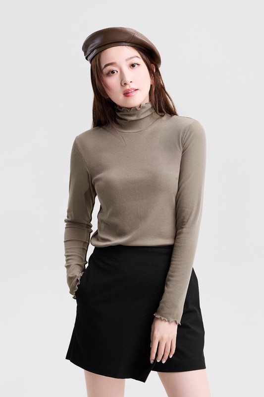 羅紋木耳邊高領長袖T恤-女