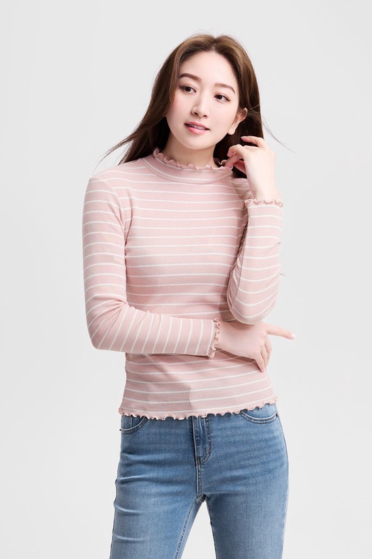 羅紋木耳邊條紋立領T恤-女
