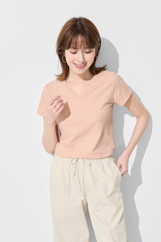 竹節棉V領T恤-女