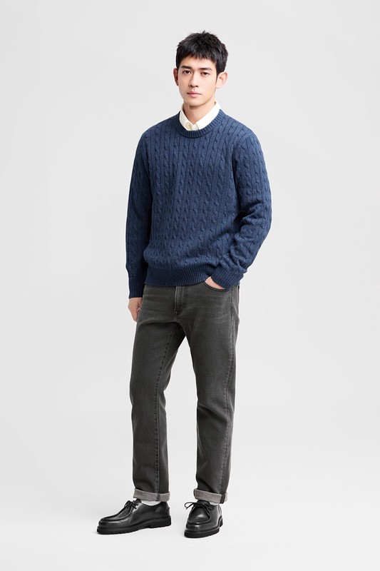 麻花圓領毛衣-男
