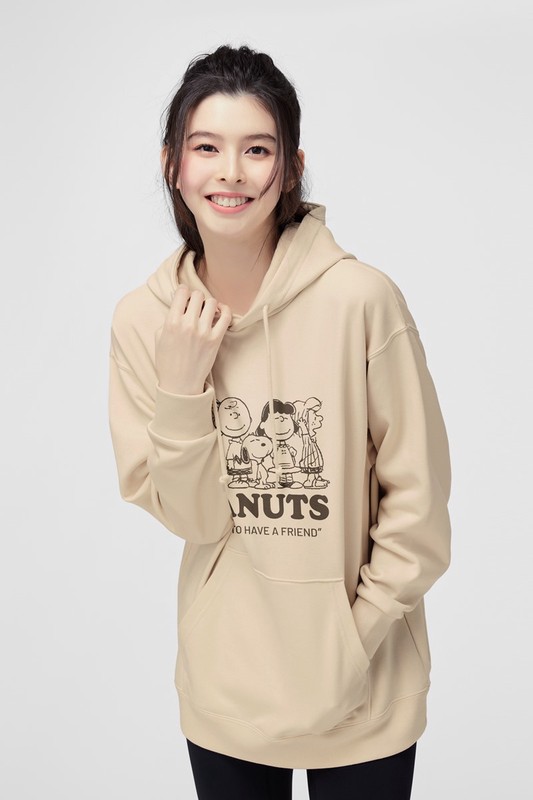 史努比系列毛圈寬長版印花連帽衫-09-女
