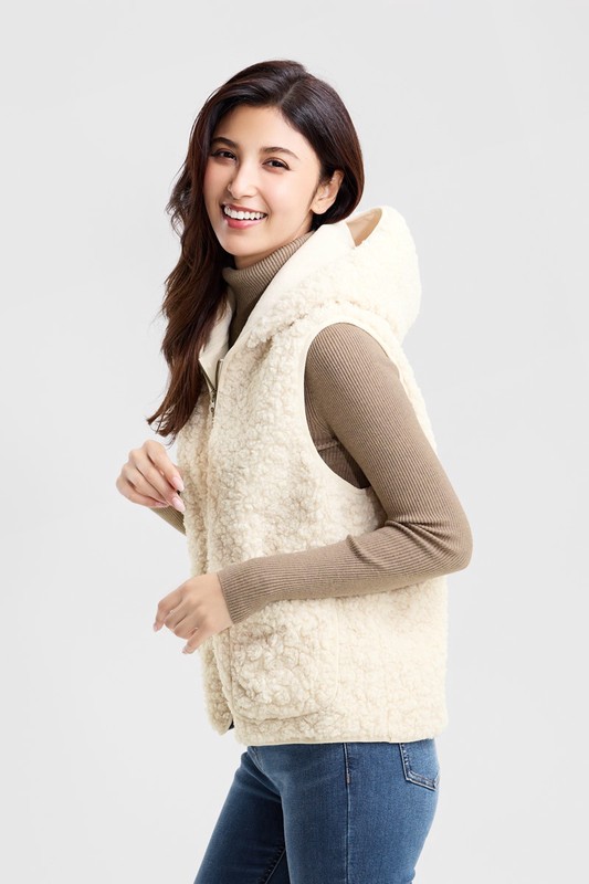 仿羊羔絨連帽背心-女