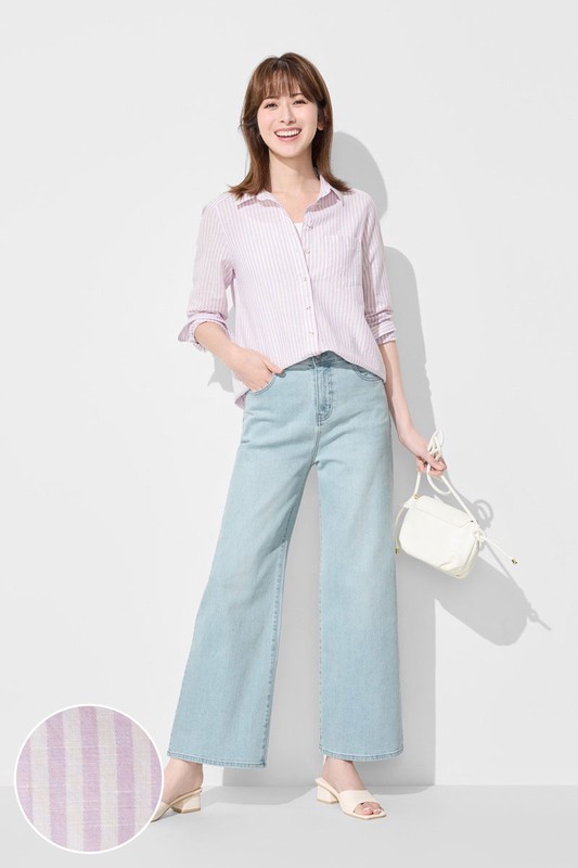 棉麻條紋長版襯衫-女