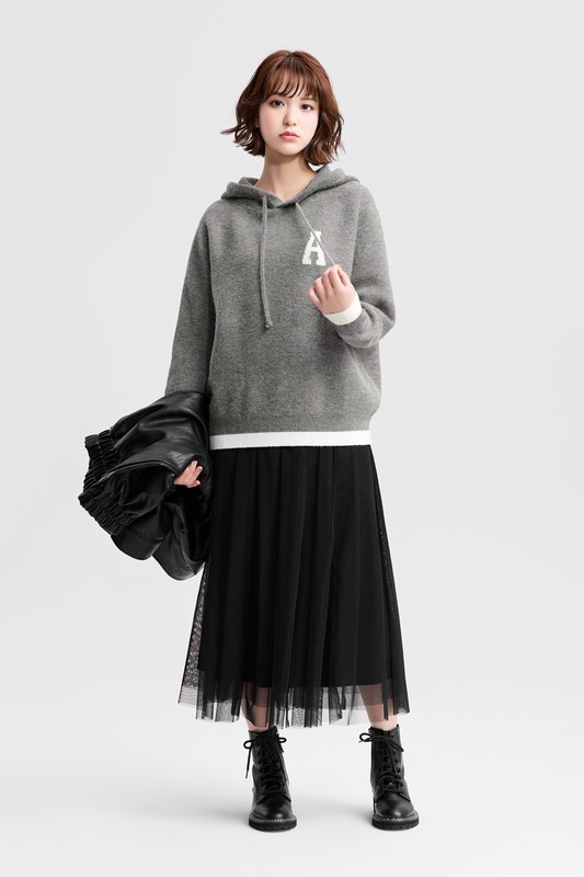 粗針混紡寬版連帽毛衣-女