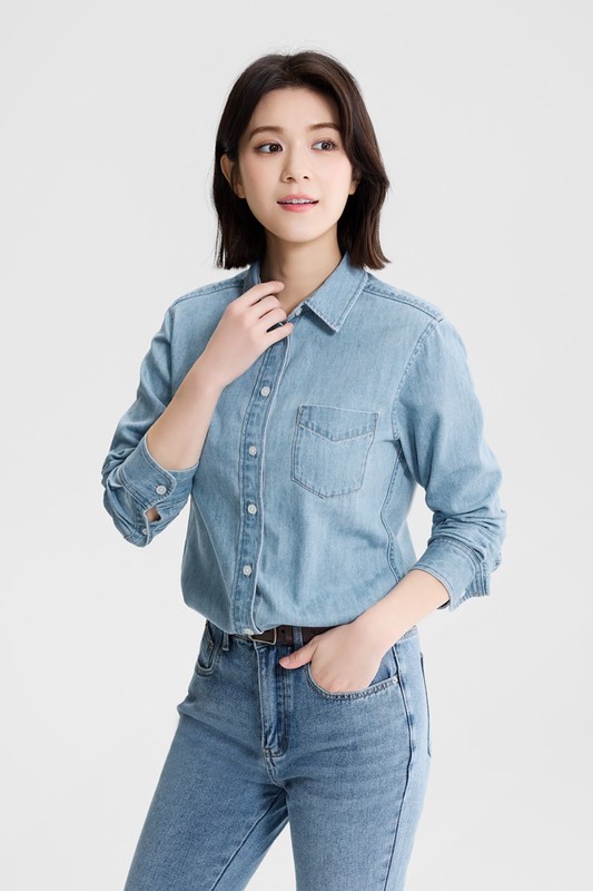 牛仔長袖襯衫-女