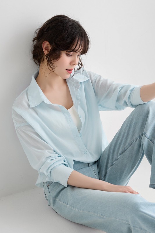 棉質透膚長袖襯衫-女