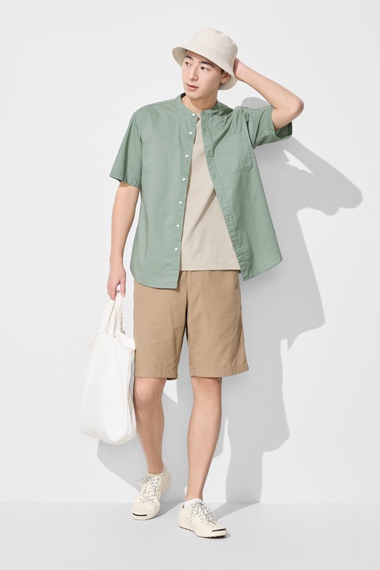 柔棉立領短袖襯衫-男