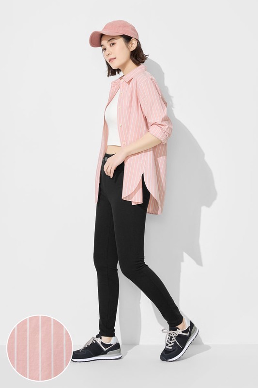 柔棉條紋長袖襯衫-女