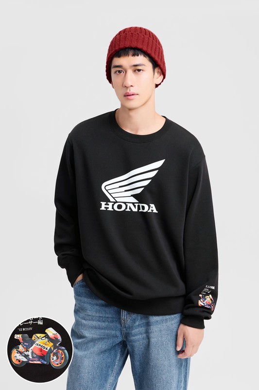 大人的圖鑑HONDA毛圈印花圓領衫-01-男