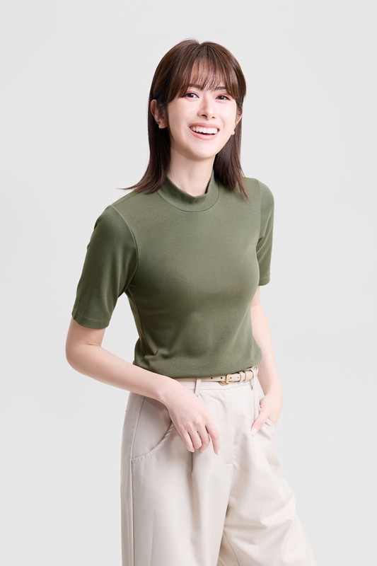 棉質羅紋立領五分袖T恤-女