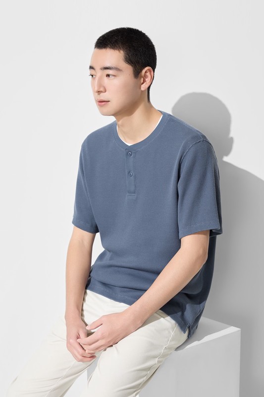 華夫格亨利領寬版T恤-男