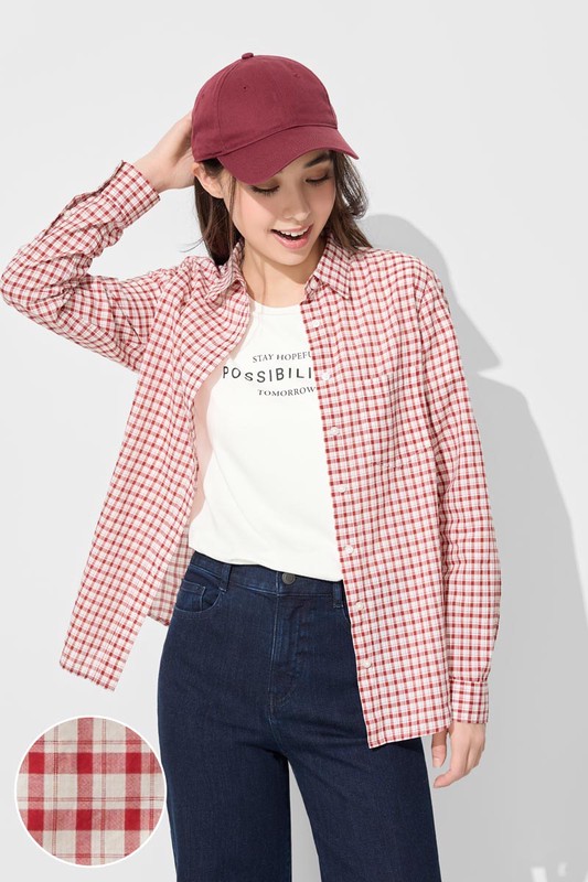 輕薄格紋長袖襯衫-女