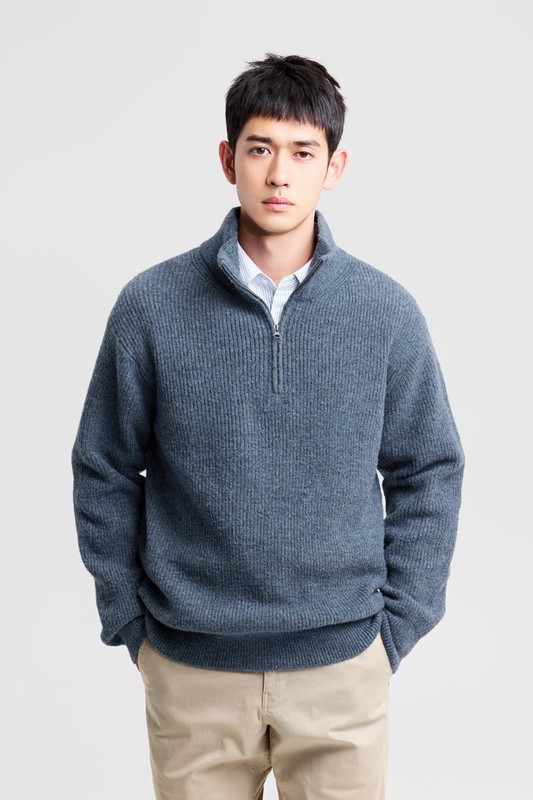 粗針混紡半開襟毛衣-男