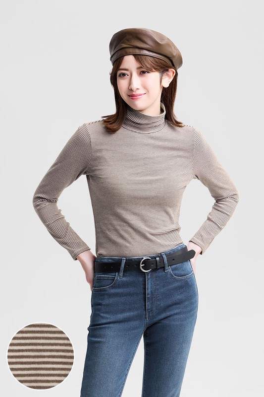 磨毛羅紋條紋高領T恤-女