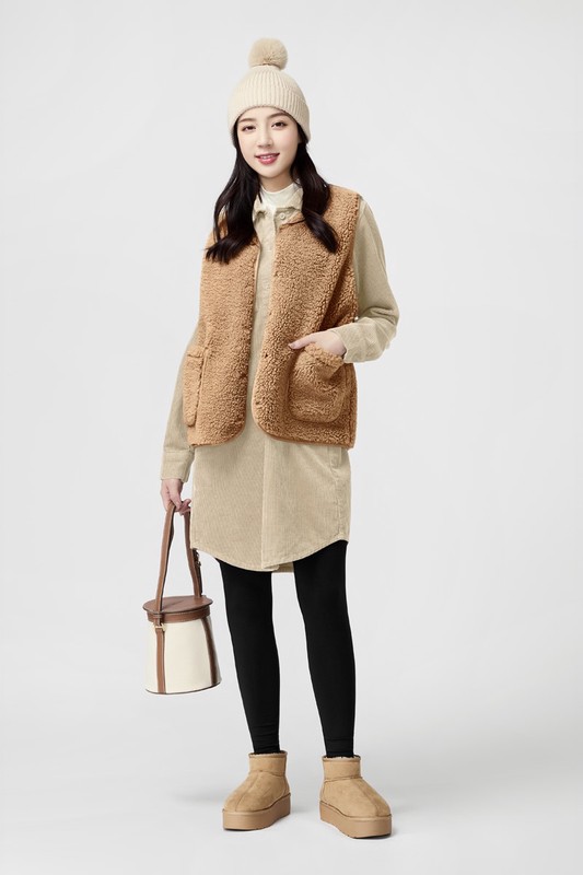 仿羊羔絨寬版背心-女