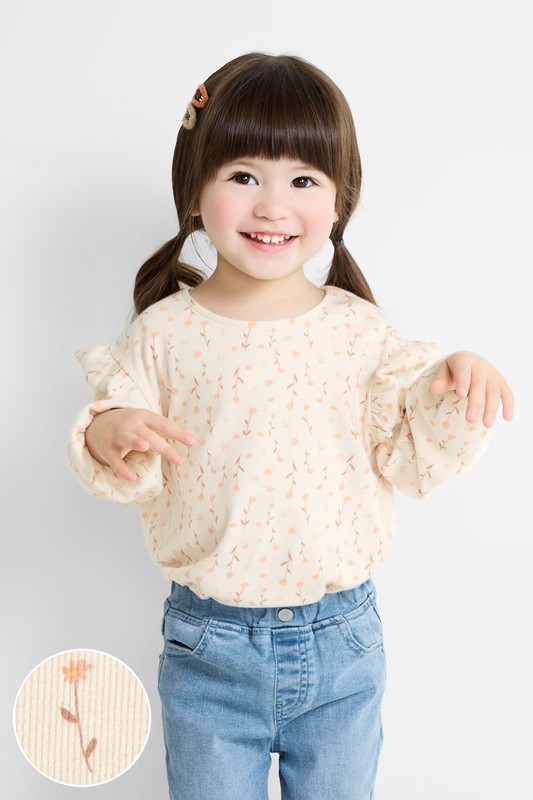 羅紋荷葉造型印花T恤-童